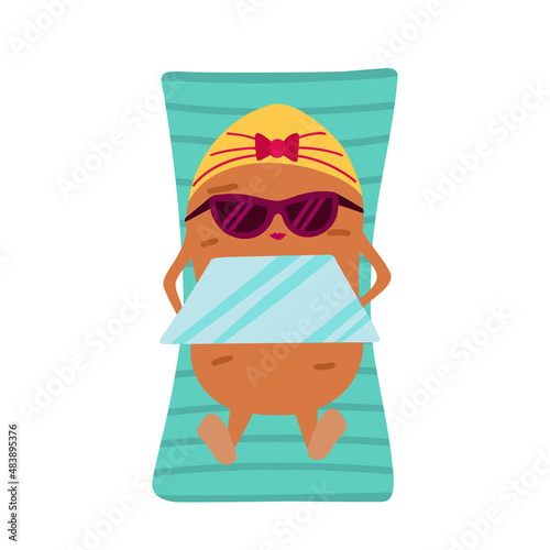 baked potato, potatoes sunbathing under the sun on a lounger in sunglasses with a reflector. Vector Illustration for backgrounds, covers, packaging, greeting cards, stickers and seasonal design.