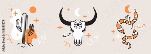 A set of icons, wild west elements, boho doodle style western with abstraction. America. A skull, a cactus and a hand with a snake.