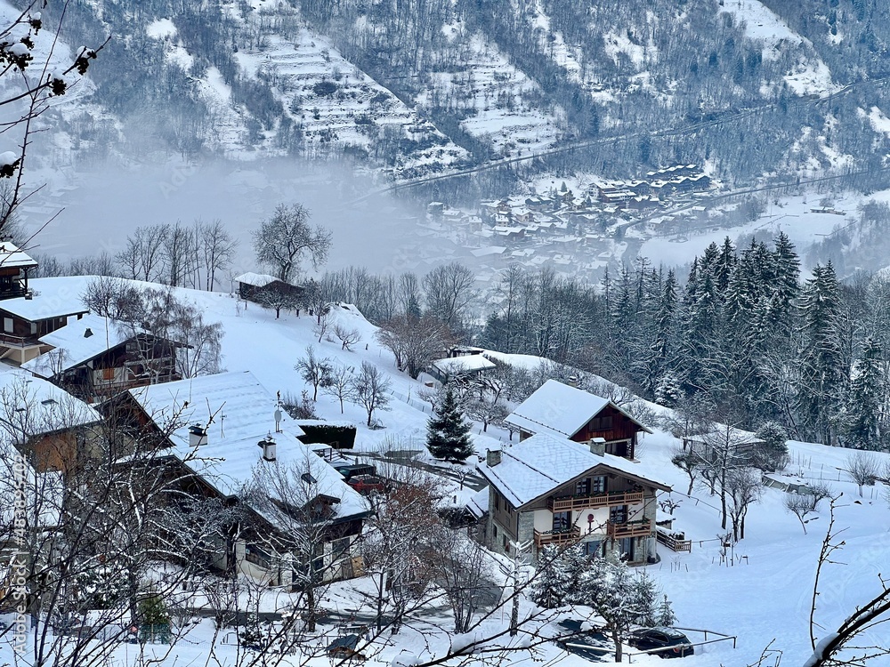 Mountain village on a snowy day covered with snow