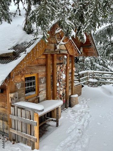 Chalets in in winter in ski village covered with snow 