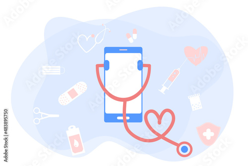 Online health tele medicine flat illustration. Online medical healthcare consultation and treatment via application of computer connected internet clinic. Online ask doctor consultation technology.