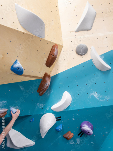Climbing holds in a boulder gym photo