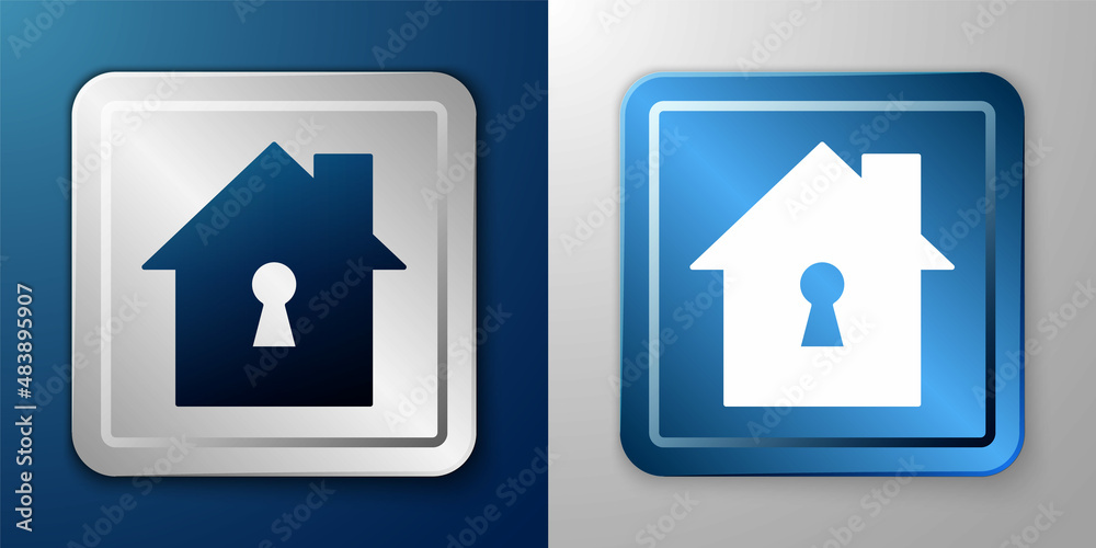White House under protection icon isolated on blue and grey background. Home and shield. Protection, safety, security, protect, defense concept. Silver and blue square button. Vector White House under protection icon isolated on blue and grey background. Home and shield. Protection, safety, security, protect, defense concept. Silver and blue square button. Vector