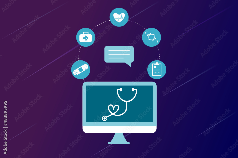 Online health tele medicine flat illustration. Online medical healthcare consultation and treatment via application of computer connected internet clinic. Online ask doctor consultation technology.