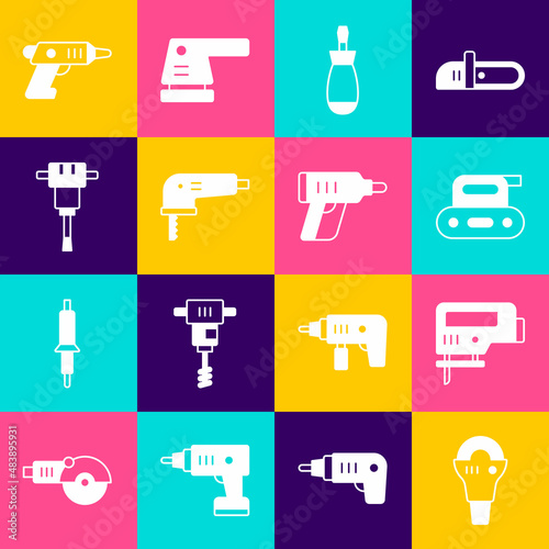 Set Angle grinder, Electric jigsaw, planer tool, Screwdriver, Construction jackhammer, cordless screwdriver and icon. Vector