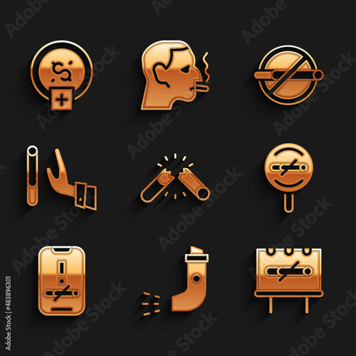 Set Broken cigarette, Inhaler, No smoking, Giving up, and Stop money saving icon. Vector