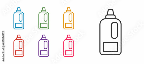 Set line Plastic bottle for laundry detergent, bleach, dishwashing liquid or another cleaning agent icon isolated on white background. Set icons colorful. Vector