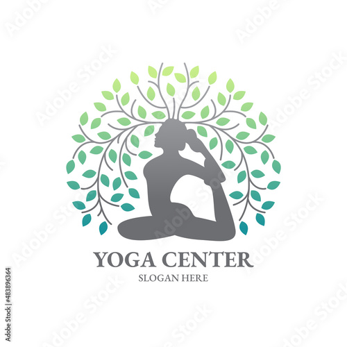Yoga pose with leaves logo design