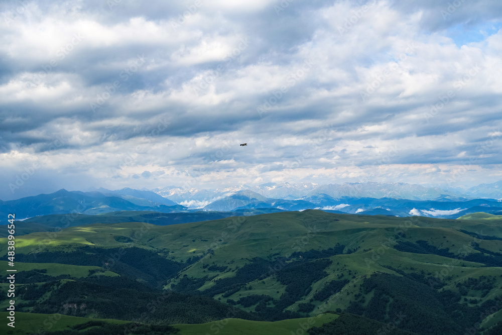 View of the mountains and the Bermamyt plateau in the Karachay-Cherkess Republic, Russia.
