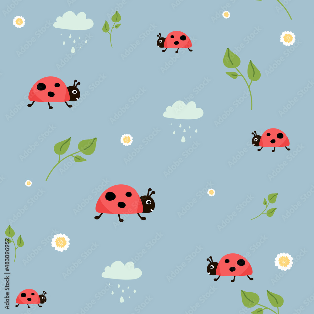 Ladybugs leaves flowers seamless pattern on blue . Cute bugs. Wrapping paper, wallpaper, textile for children. floral background. Ladybugs leaves flowers seamless pattern on blue . Cute bugs. Wrapping paper, wallpaper, textile for children. floral background.