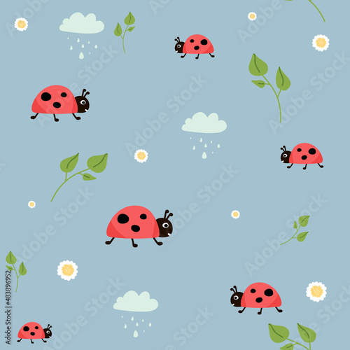 Ladybugs leaves flowers seamless pattern on blue . Cute bugs. Wrapping paper, wallpaper, textile for children. floral background.