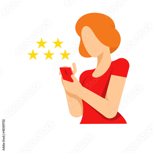 Woman customer leave positive feedback five stars smartphone app online service vector flat illustration. Female client write good comment rating, survey and evaluation isolated. Digital marketing