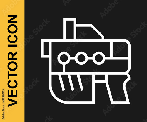 White line Futuristic space gun blaster icon isolated on black background. Laser Handgun. Alien Weapon. Vector