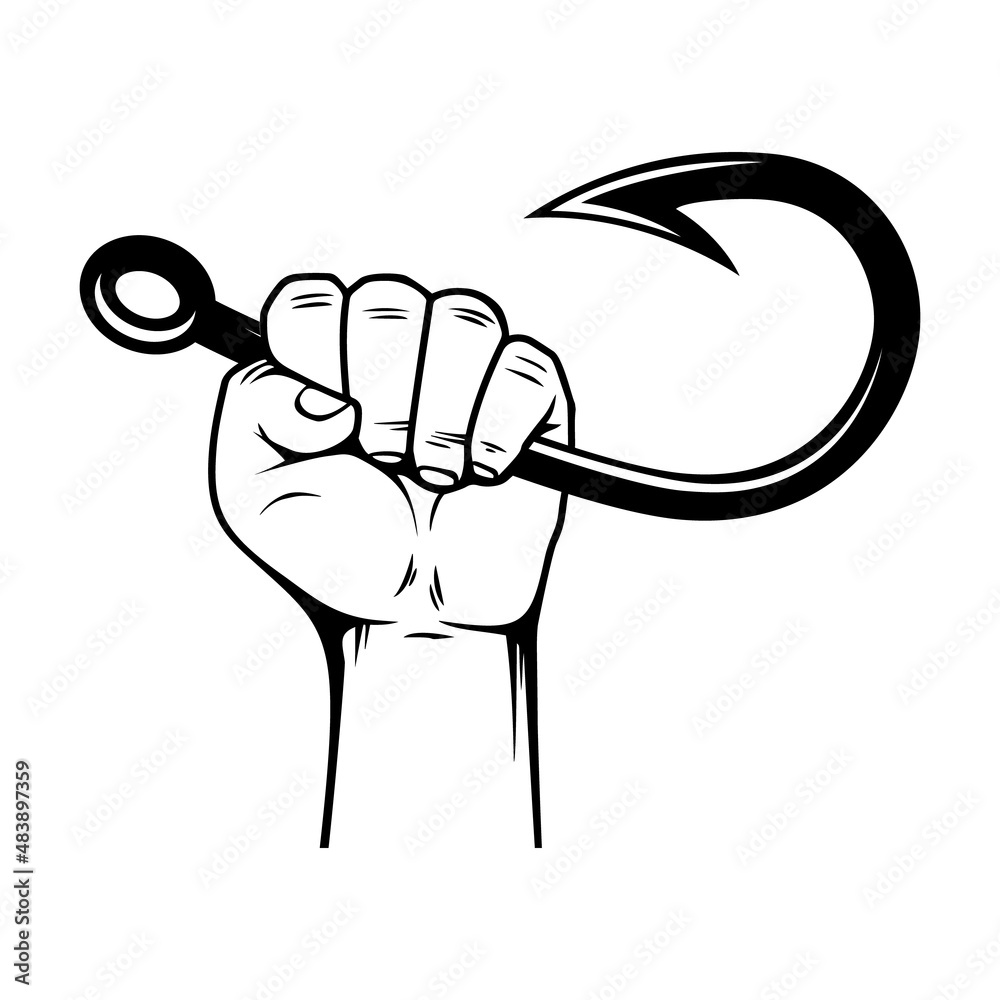 Hand holding fish hook. Design element for poster, card, banner,emblem,  sign. Vector illustration Stock Vector