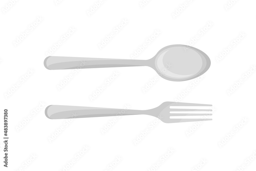 Spoon and fork top view vector flat illustration. Silver cutlery serving eating food at home cafe restaurant isolated. Modern utensil for breakfast, lunch, dinner or supper. Dining kitchen equipment Spoon and fork top view vector flat illustration. Silver cutlery serving eating food at home cafe restaurant isolated. Modern utensil for breakfast, lunch, dinner or supper. Dining kitchen equipment