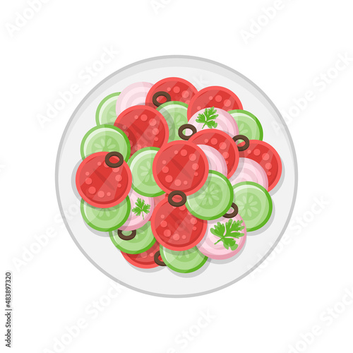 Appetizing organic fresh vegetable salad serving on plate top view vector flat illustration. Healthy food vegetarian nutrition tomato, cucumber and onion slice restaurant cafe menu homemade recipe