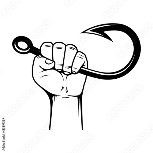 Hand holding fish hook. Design element for poster, card, banner,emblem, sign. Vector illustration
