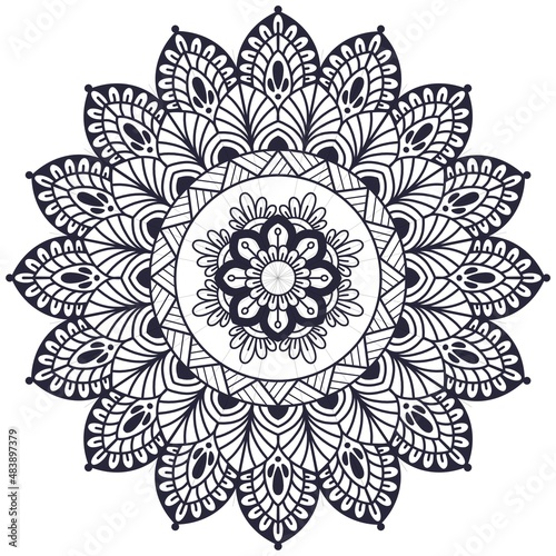 Round gradient mandala on white isolated background. Vector boho mandala in black color. Mandala with floral patterns. Yoga template