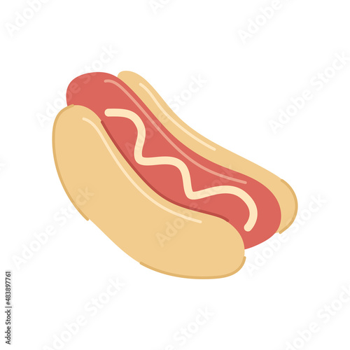 Appetizing fresh hot dog with mayonnaise sauce vector flat cartoon illustration. Tasty traditional American unhealthy fast food with grilled sausage bun and mustard. Delivery restaurant take away menu