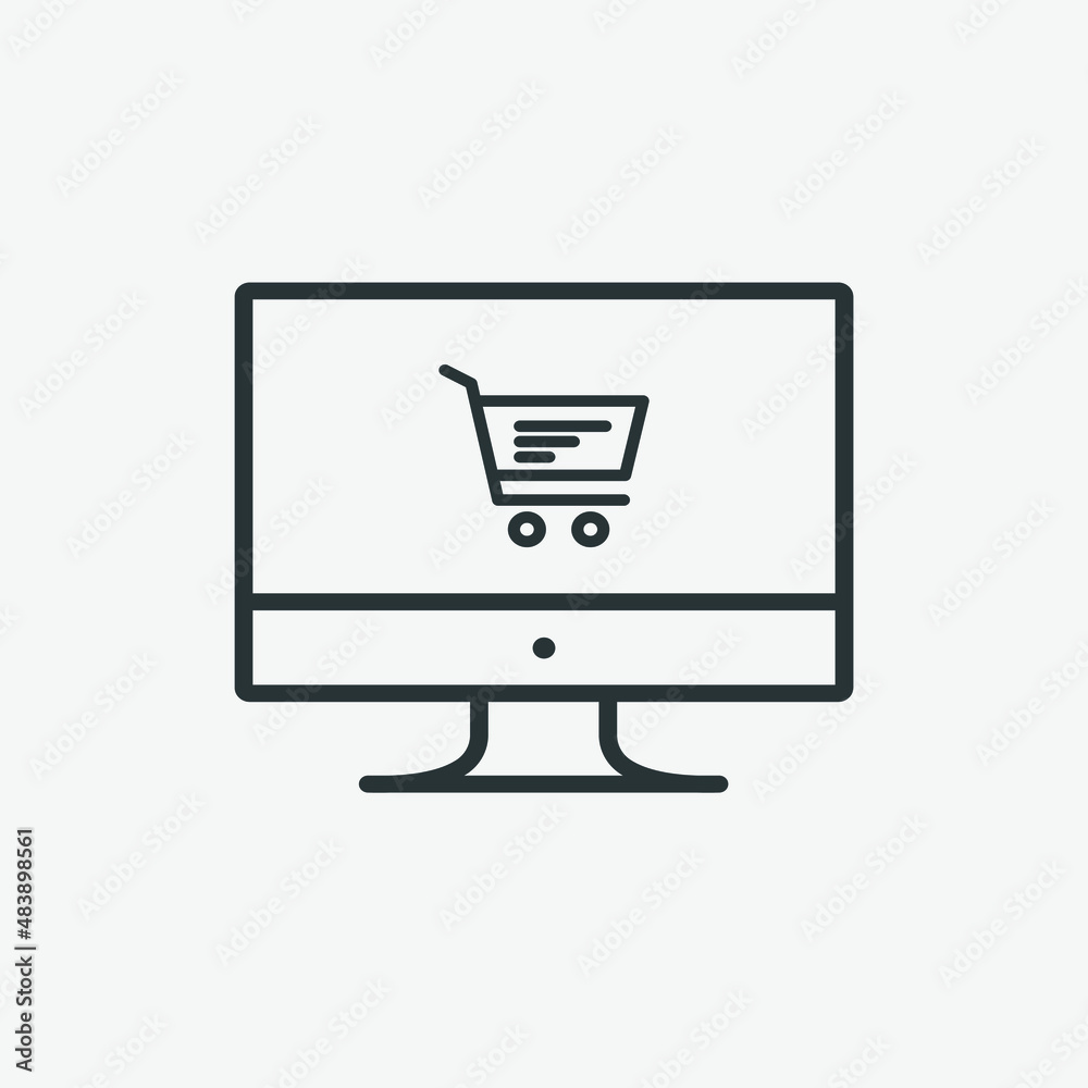 Online shopping, computer with basket, trolley icon vector Online shopping, computer with basket, trolley icon vector