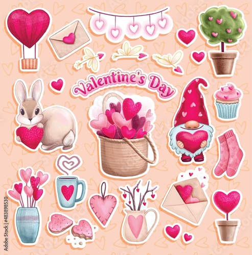 Romantic elements on Valentine's Day. Colored heart stickers, stylized flowers, gnome, rabbit