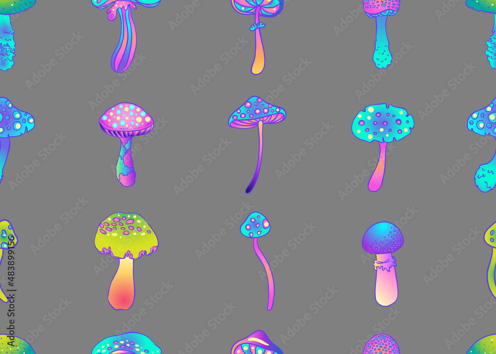 Magic mushrooms seamless pattern. Psychedelic hallucination. 60s hippie colorful art. Vintage psychedelic textile, fabric, wrapping, wallpaper. Vector repeating illustration. Magic mushrooms seamless pattern. Psychedelic hallucination. 60s hippie colorful art. Vintage psychedelic textile, fabric, wrapping, wallpaper. Vector repeating illustration.