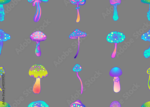 Magic mushrooms seamless pattern. Psychedelic hallucination. 60s hippie color...
