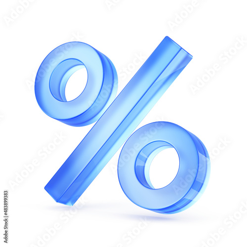 Blue glass percent sign isolated on white. % , percentage concept. 3d rendering photo