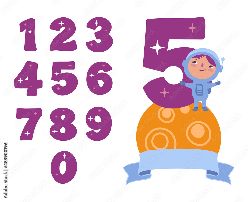 The numbers and astronaut girl are good for a birthday party. The cartoon space is vector illustrations The numbers and astronaut girl are good for a birthday party. The cartoon space is vector illustrations