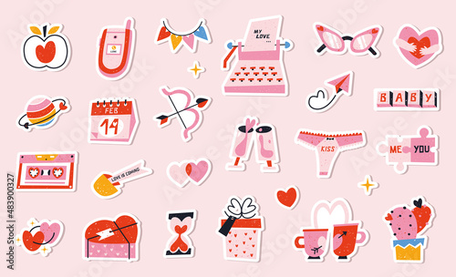 Set of cute vector love stickers for daily planner and diary. Romantic doodle vector icons pack. Collection of scrapbooking design elements for Valentine’s day: heart, holiday gift, ice cream.
