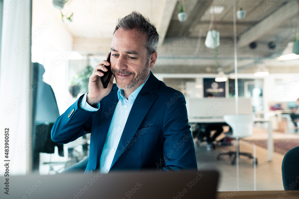 Smiling businessman talking on mobile phone looking at laptop in workplace Smiling businessman talking on mobile phone looking at laptop in workplace