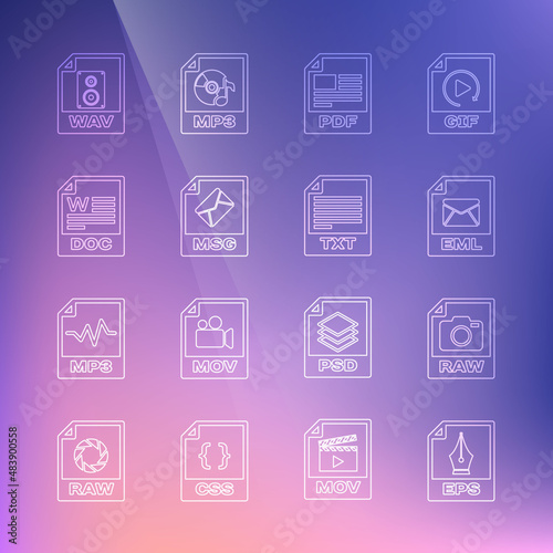 Set line EPS file document, RAW, EML, PDF, MSG, DOC, WAV and TXT icon. Vector