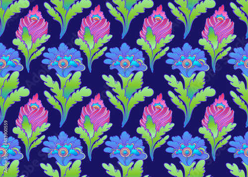 Floral colorful seamless pattern, retro 60s, 70s hippie style background. Vin...