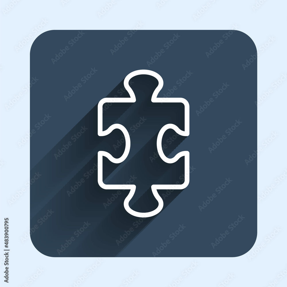 White line Puzzle pieces toy icon isolated with long shadow background. Blue square button. Vector