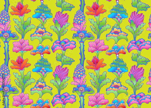 Floral colorful seamless pattern, retro 60s, 70s hippie style background. Vin...