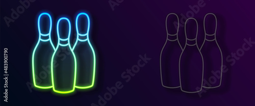 Glowing neon line Bowling pin icon isolated on black background. Juggling clubs, circus skittles. Vector