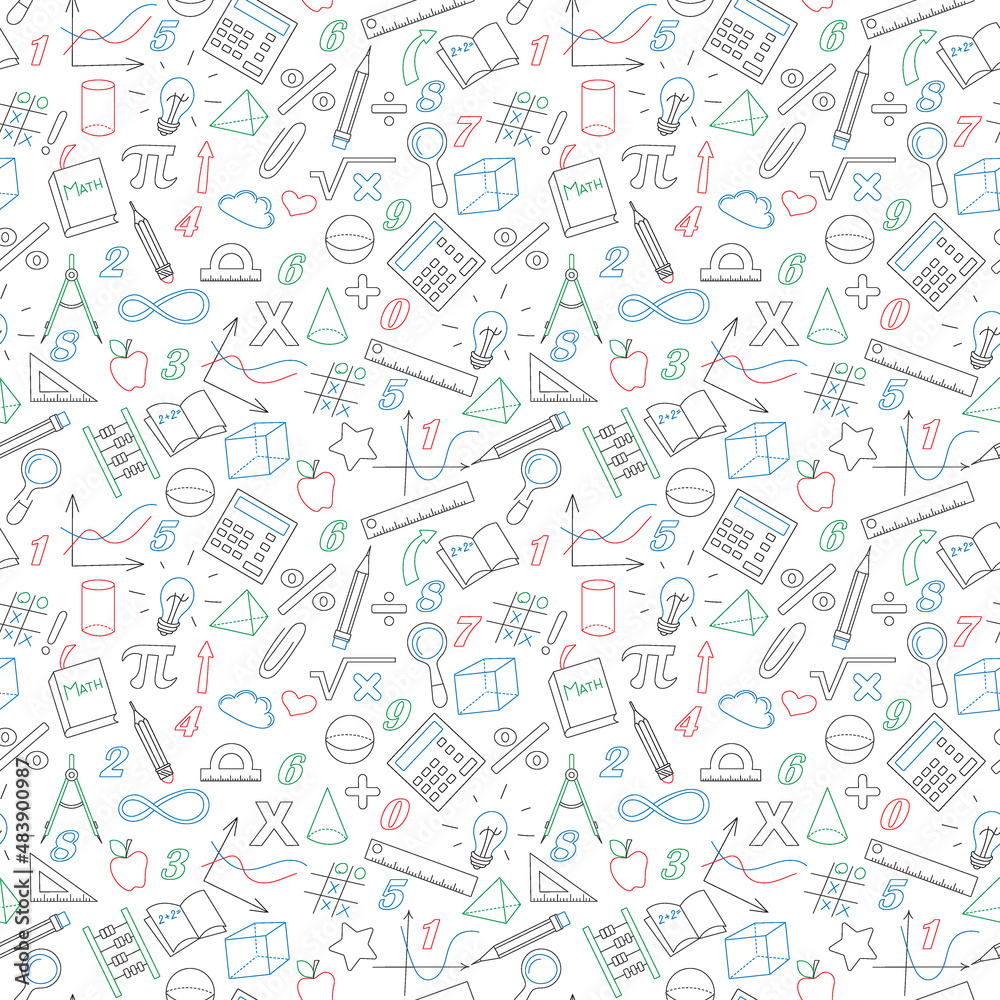 Seamless background with simple icons on the theme of mathematics and learning , colored marker on white background