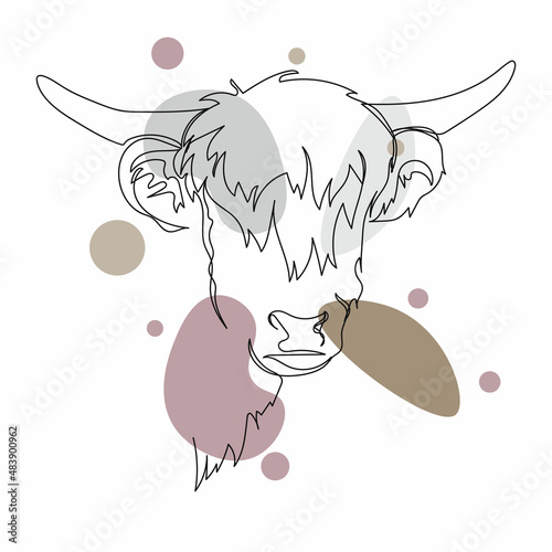 Continuous one simple single abstract line drawing of cattle horns hairy scottish highlands portrait animal concept icon in silhouette