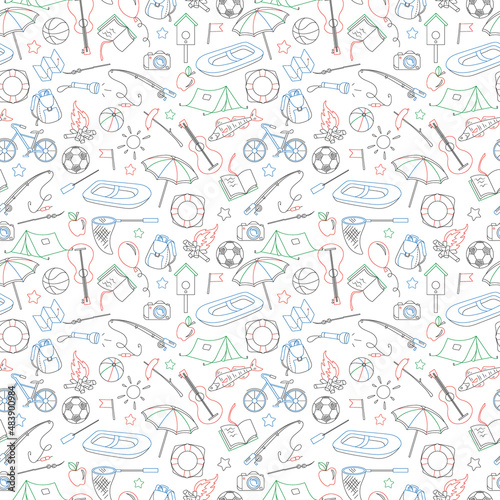 Seamless pattern on the theme of summer camp and vacations, simple contour icons are drawn with colored markers on white background