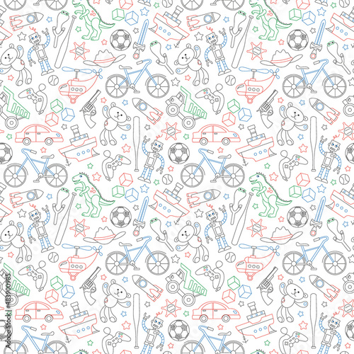 Seamless pattern on the theme of childhood and toys, toys for boys, colored outlines icons on white background