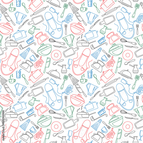 Seamless pattern on the theme of cooking and kitchen utensils, simple contour icons, painted with colored markers on white background