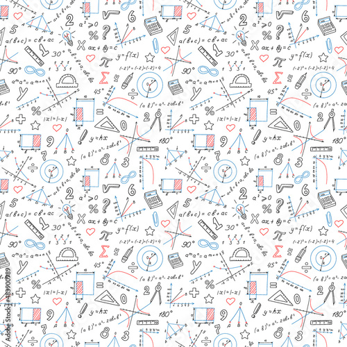 Seamless background with formulas and charts on the topic of mathematics and education, colored marker on white background