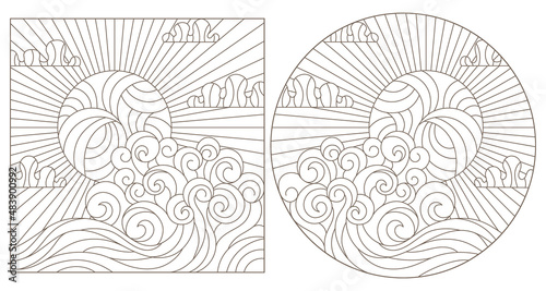 A set of contour illustrations in the style of stained glass with seascapes, dark contours on a white background