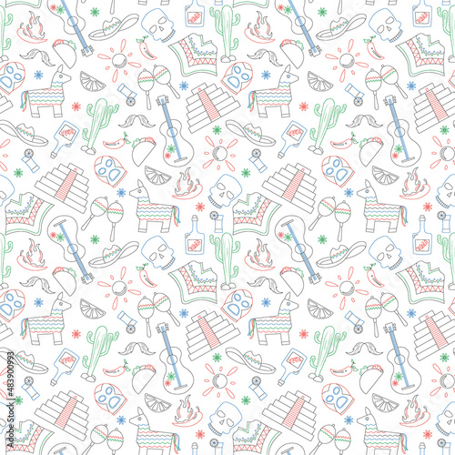 Seamless pattern on the theme of recreation in the country of Mexico, contour icons are drawn with colored markers on white background