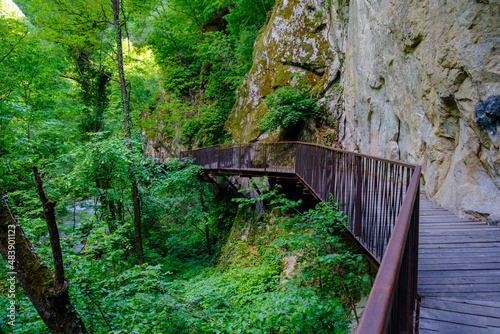 Italy, South Tyrol, Lana, Cliffside boardwalk in Gaul Canyon
