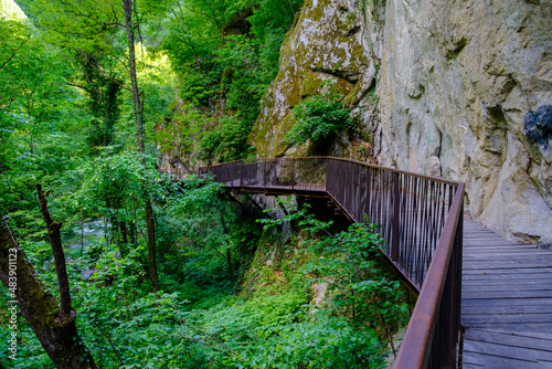 Italy, South Tyrol, Lana, Cliffside boardwalk in Gaul Canyon photo