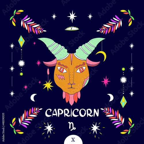 Zodiac sign capricorn vector illustration of a magic banner with the moon, stars, crystals, capricorn's head painted on the background. For poster, banner, print, web elements