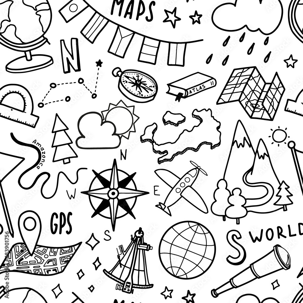 Geography or travel doodle seamless background. School subject pattern