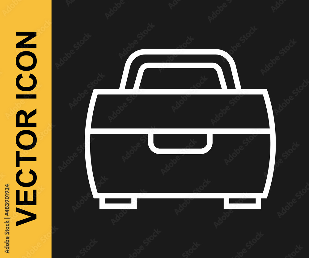 White line Case or box container for wobbler and gear fishing equipment icon isolated on black background. Fishing tackle. Vector White line Case or box container for wobbler and gear fishing equipment icon isolated on black background. Fishing tackle. Vector