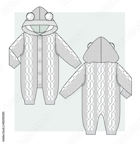 NEWBORN’s Knitted overall with braids and hoodie. Technical sketches for babys.